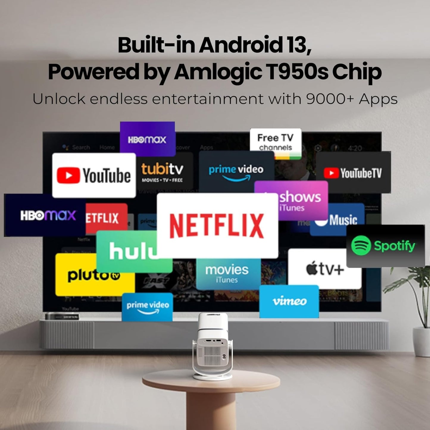 ZenPods Beam X | 4K Ultra HD Smart Projector, Native 1080p Full HD, Android 13, Auto Focus + 4D Keystone, 180° Rotatable Design, Inbuilt Netflix/Prime/YouTube, WiFi 6, BT 5.2 & Gaming Support, Screen Mirroring, HDMI-ARC, USB